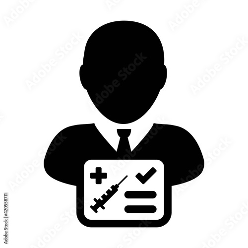 Vaccine passport icon vector with male user person profile avatar symbol for medical and healthcare certificate in a glyph pictogram illustration