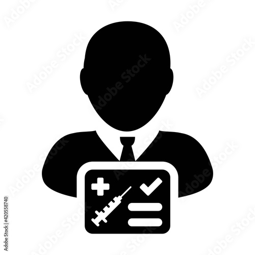 Vaccine passport icon vector with male user person profile avatar symbol for medical and healthcare certificate in a glyph pictogram illustration