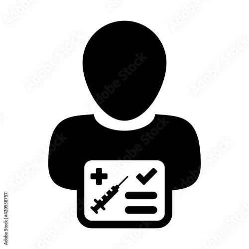 Vaccination passport icon vector with male user person profile avatar symbol for medical and healthcare certificate in a glyph pictogram illustration