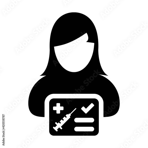 Vaccination card icon vector with female user person profile avatar symbol for medical and healthcare certificate in a glyph pictogram illustration