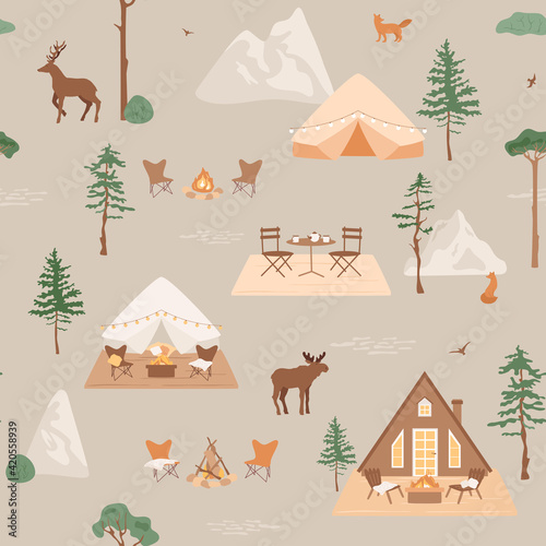 Glamping, travel concept. Illustration with tent, chairs near camp fire with blanket and pillows on terrace. Outdoor recreation, in mountains and forest. Suburban scene. Cozy courtyard, wild animals.