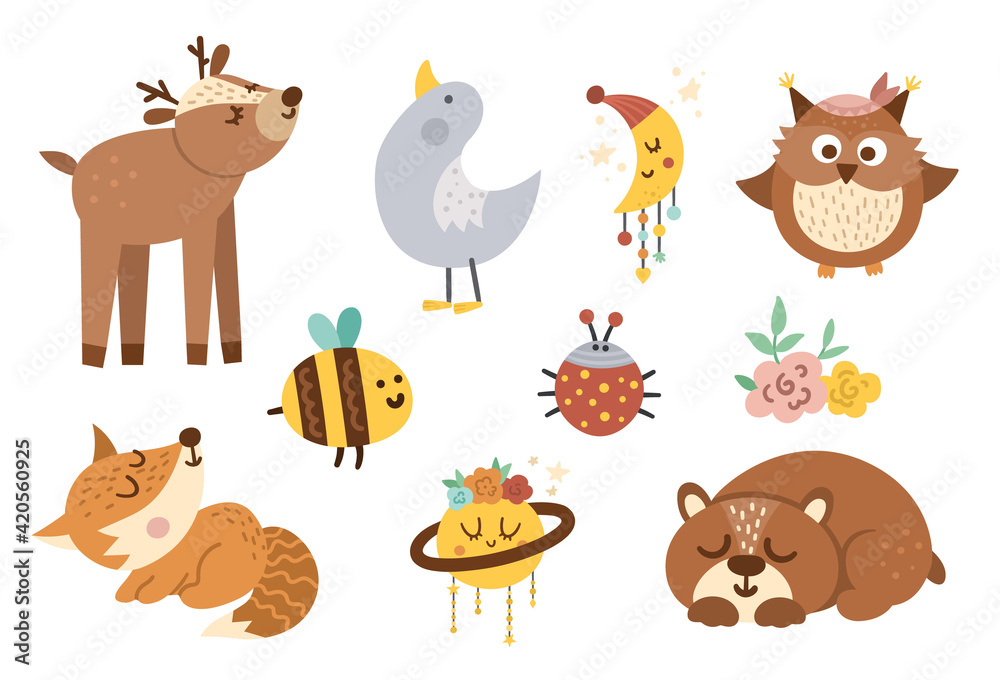 Vector woodland baby animals, insects and birds collection. Boho forest set. Bohemian little fox, owl, bear, deer, ladybug, goose with flowers, planet, half moon. Celestial pack with cute characters..