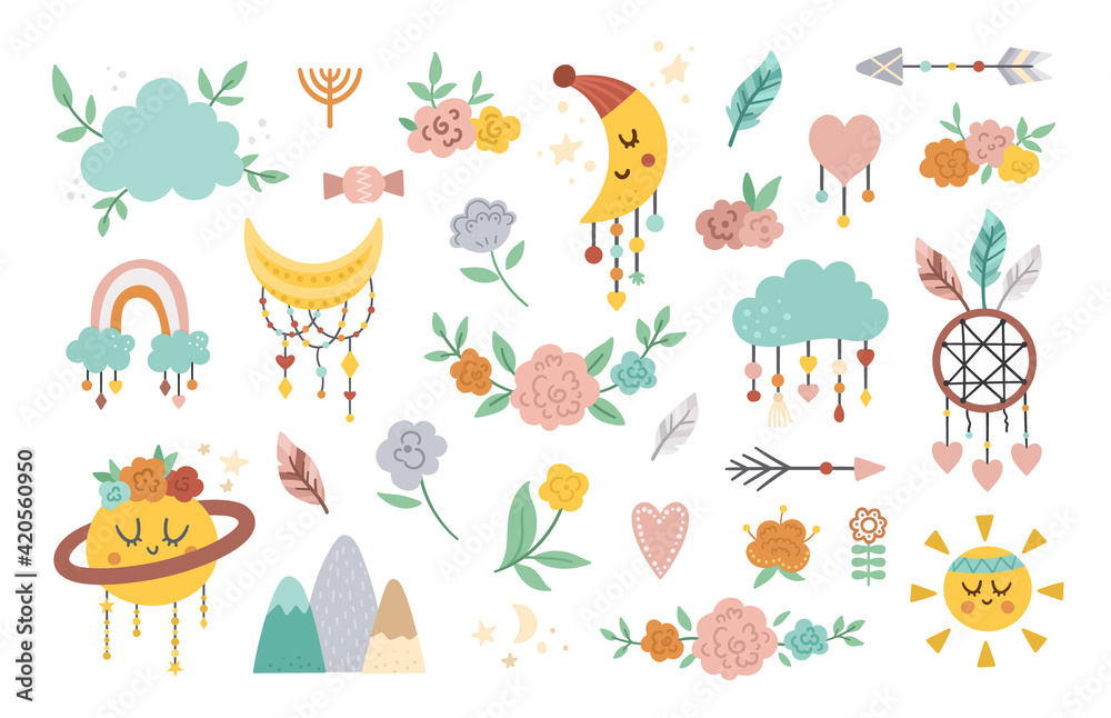 Fototapeta premium Vector boho elements collection. Bohemian half moon, planet, dream catcher, flowers, arrows, cloud isolated on white background. Celestial icons pack with cute characters..