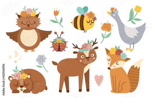 Vector woodland animals  insects and birds collection. Boho forest set. Bohemian fox  owl  bear  deer  ladybug  goose with flowers on heads. Celestial clip art pack with cute characters..