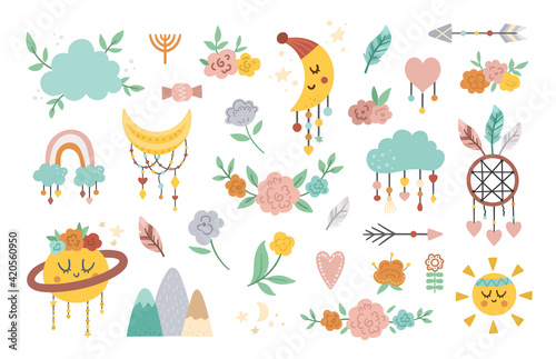 Vector boho elements collection. Bohemian half moon, planet, dream catcher, flowers, arrows, cloud isolated on white background. Celestial icons pack with cute characters..