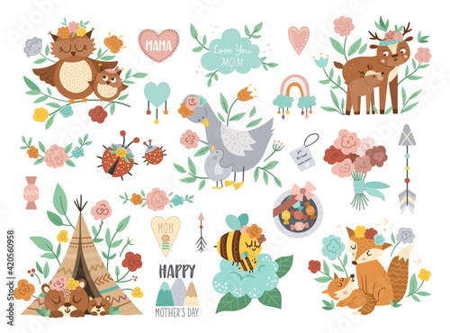 Vector boho baby animals with parents. Funny woodland animal scene showing family love. Cute big Mothers Day design elements collection. Mother and child clipart for card, print, poster.