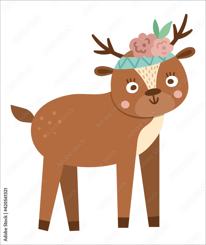 Vector hand drawn deer with flowers on the head. Cute bohemian style woodland animal icon isolated on white background. Sweet boho forest illustration for card, print, stationery design.. Vector hand drawn deer with flowers on the head. Cute bohemian style woodland animal icon isolated on white background. Sweet boho forest illustration for card, print, stationery design..