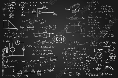 Physics, electronic engineering, mathematics equation, scheme and calculations, endless hand writing. Vector blackboard. Technology background.