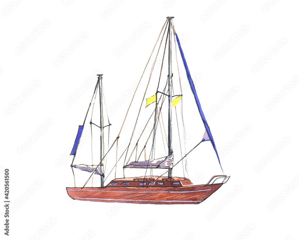Fototapeta premium Yacht, watercolor illustration isolated on white background