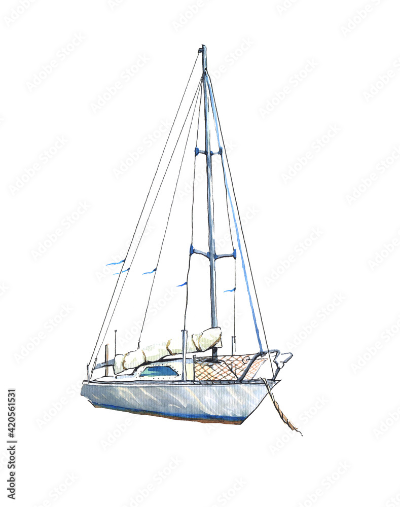 Yacht, watercolor illustration isolated on white background