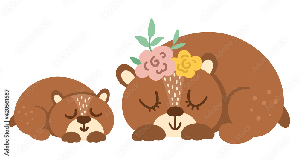 Vector hand drawn baby bear with parent isolated on white. Funny bohemian style woodland animal scene showing family love. Cute boho forest illustration for card, print, stationery design..