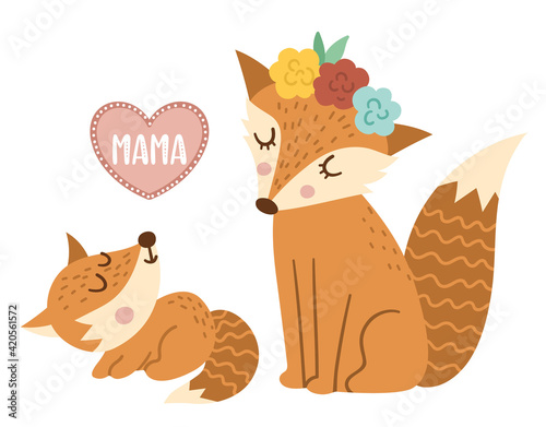 Vector hand drawn baby fox with parent isolated on white. Funny bohemian style woodland animal scene showing family love. Cute boho forest illustration for card, print, stationery design..