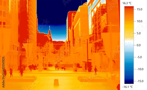 Infrared warmth image thermal imaging of city skylines showing heat island hotspots photo