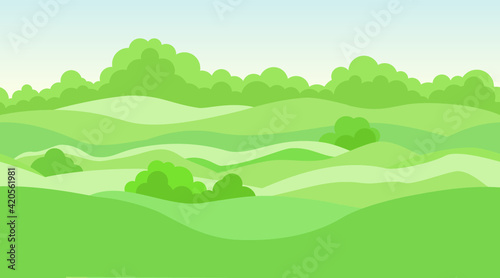 Rural landscape background with meadows and fields. Seamless summer nature park skyline view. Countryside panoramic horizon pattern