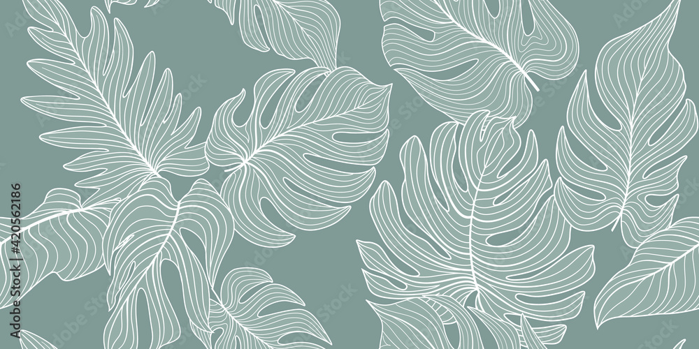 Fototapeta premium Floral seamless pattern with tropical leaves. Nature lush background. Flourish garden texture with line art tropical palm leaves