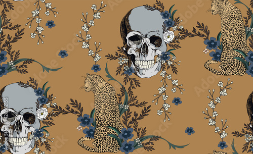 Vector pattern skull, leopard and flowers.
