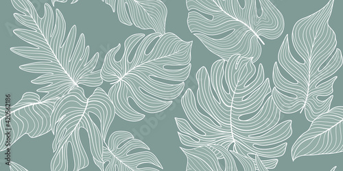 Floral seamless pattern with tropical leaves. Nature lush background. Flourish garden texture with line art tropical palm leaves
