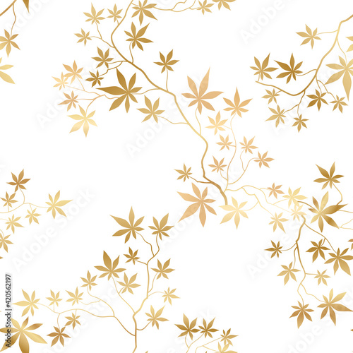 Floral pattern with leaves and flowers in elegant retro eastern chinese style.. Flourish ornamental golden garden with maple branch. Flourish nature japanese oriental asian motive © Terriana
