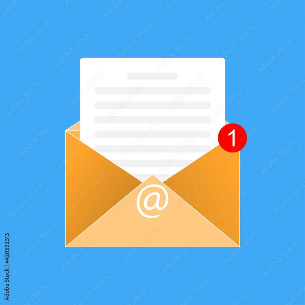 Yellow open letter icon with document, red notification sign and email symbol at. Vector newsletter mail illustration. Spam Yellow open letter icon with document, red notification sign and email symbol at. Vector newsletter mail illustration. Spam