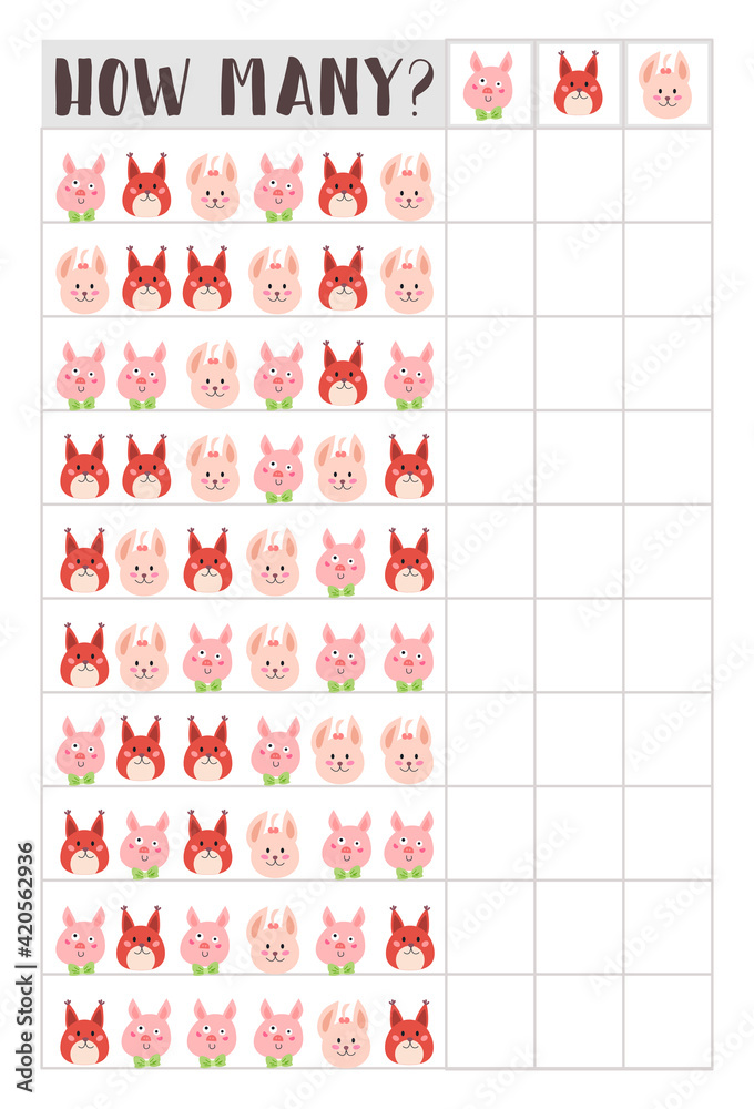 Counting children game of cartoon animal faces. Kids learning collection. Count how many elements and write the result. Preschool worksheet activity.
