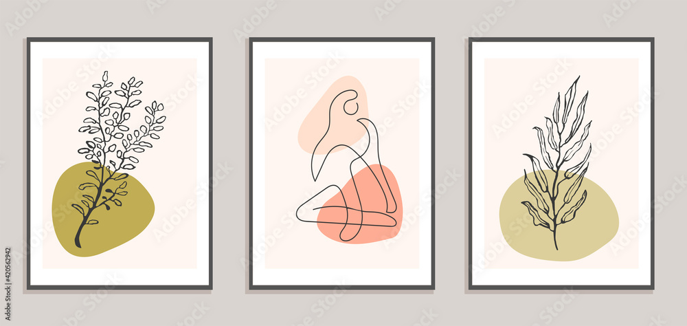 Set with collage modern poster with abstract shapes and one line illustrations of women body