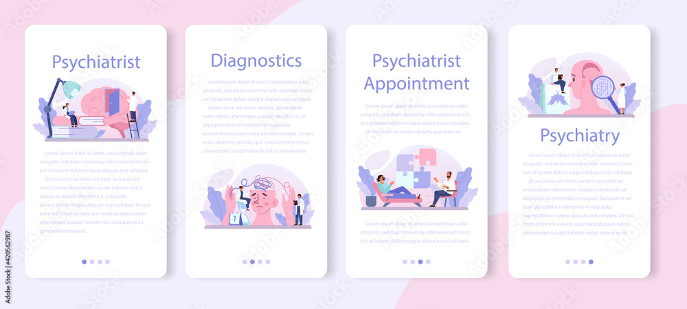 Psychiatrist mobile application banner set. Mental health diagnostic.