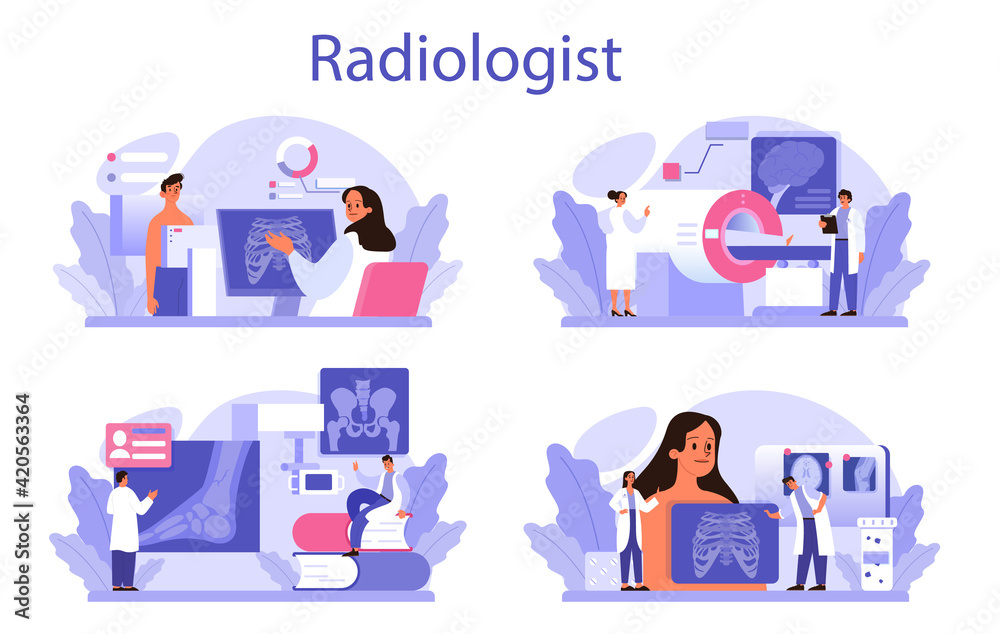 Radiologist concept set. Doctor examing X-ray image of human body