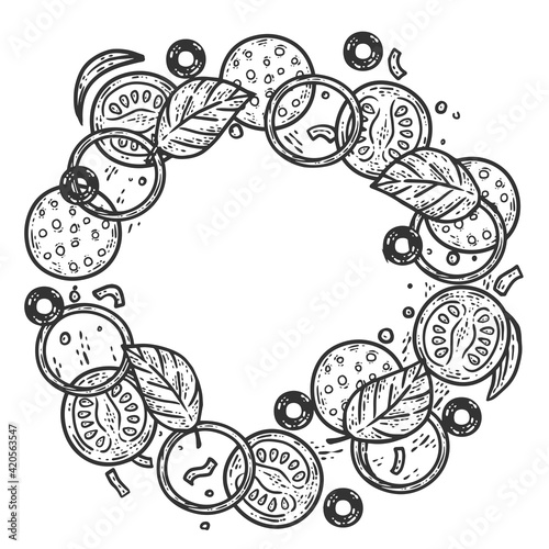 Pizza ingredients are stacked in a circle. Sketch scratch board imitation.