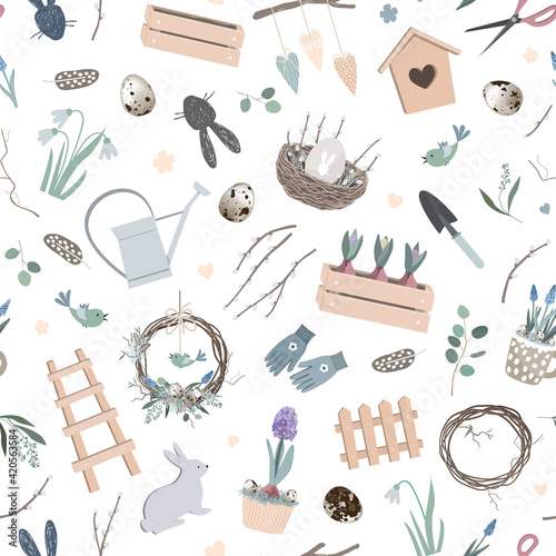 Scandinavian Easter seamless pattern with spring decor, hand made wreath, garden tools, bunny figure, willow branches, eggs, and nest. Vector Season background