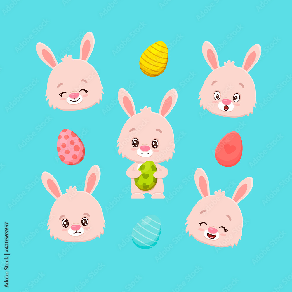 Happy Easter illustration with set of cute cartoon Easter Bunny, eggs