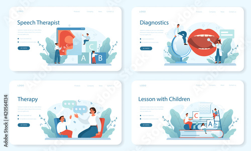 Speech therapist web banner or landing page set. Didactic correction