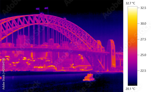 Urban heat island, thermographic thermal imaging of harbor in Sydney, Australia