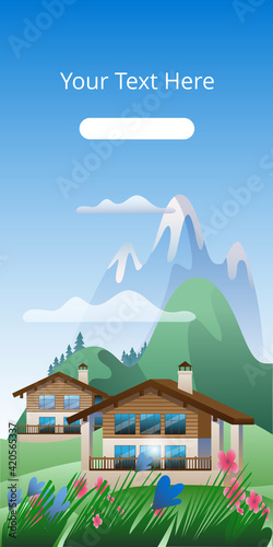 Summer mountain landscape with houses. Image of an Alpine Chalet on the background of a mountain landscape. A template of vertical banner.