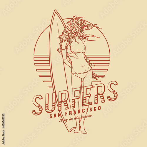 Original vector contour illustration in vintage style. A girl with a surfboard on the background of the sunset. T-shirt Design