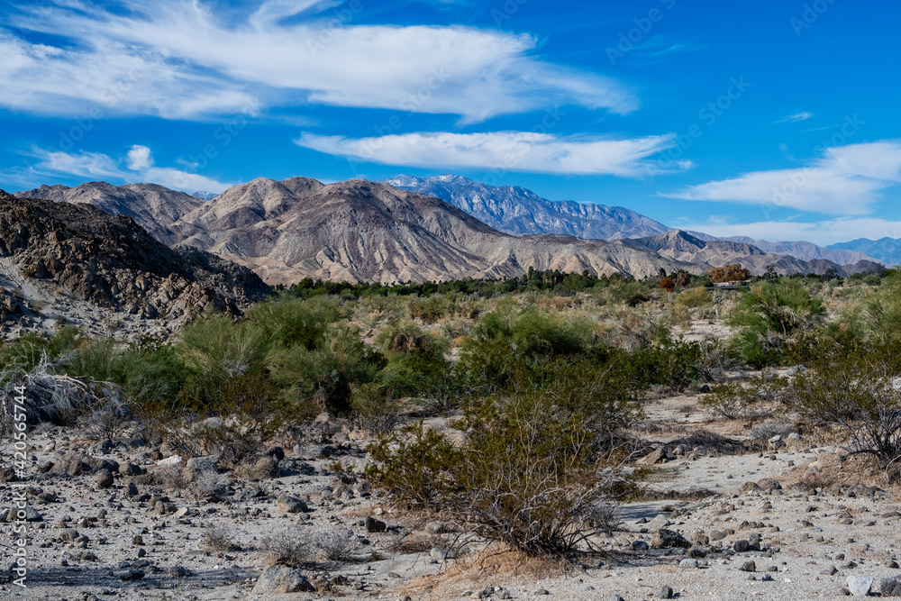 Desert scene with mountains, brush, mountains, sky and clouds Desert scene with mountains, brush, mountains, sky and clouds