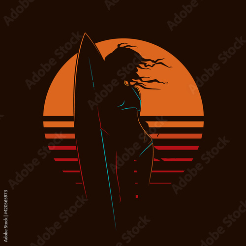 Original vector vintage illustration. A girl with a surfboard on the background of the sunset. T-shirt Design