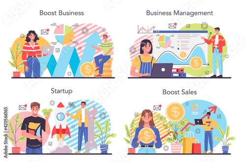 Business boost concept set. Company and personal career success.