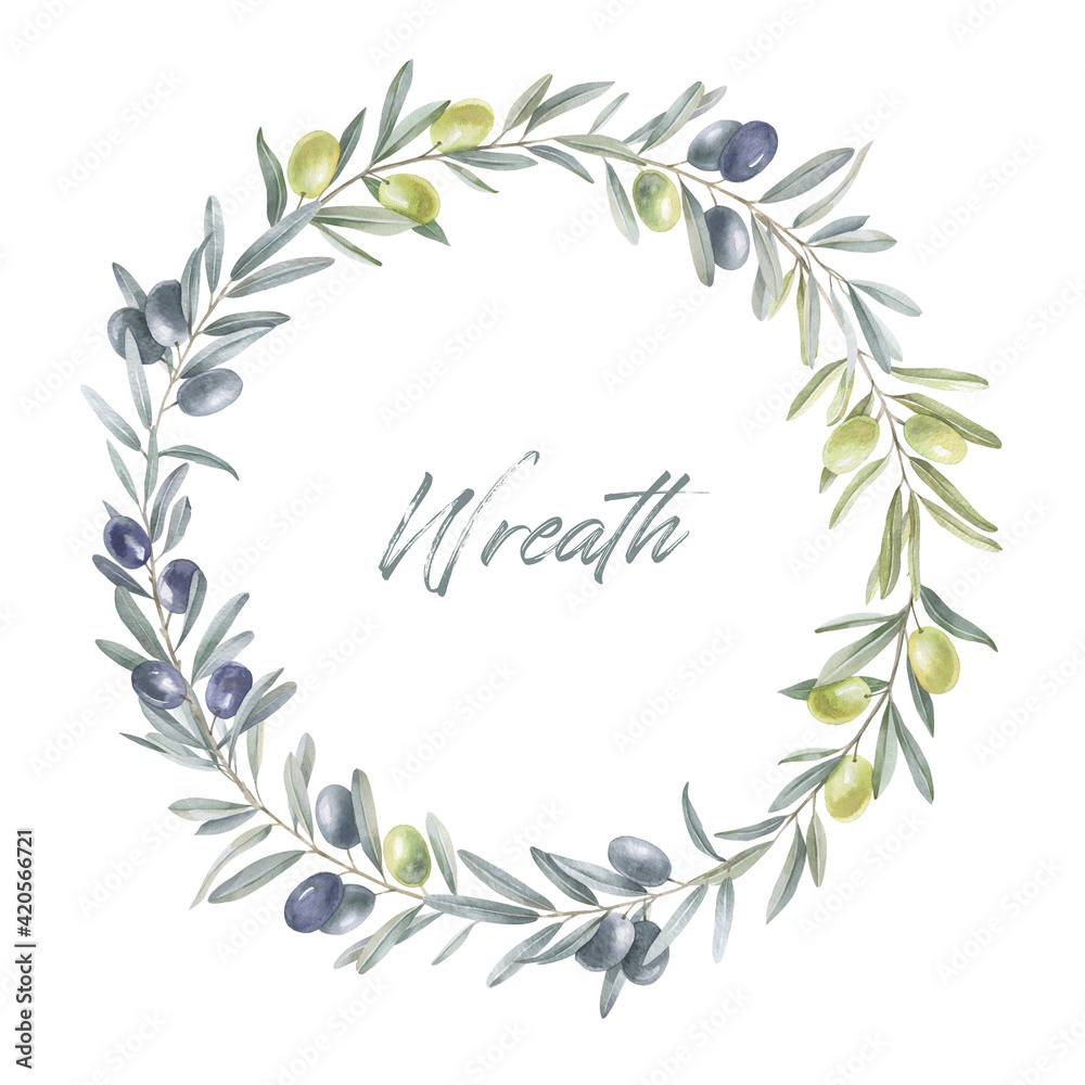 Vegetable wreath. Illustration, background for your design. Watercolor drawing. Olive branches with fruits.