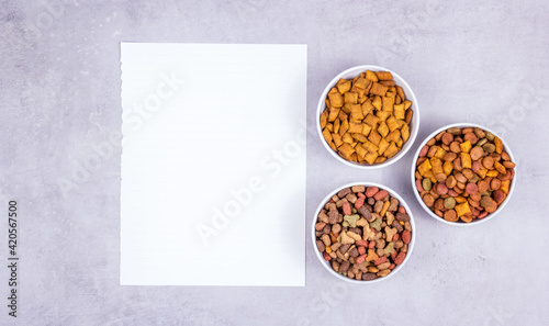 Obraz na płótnie Diet for animals. Bowls with cat food copy space. Blank sheet of paper and dry food w salonie
