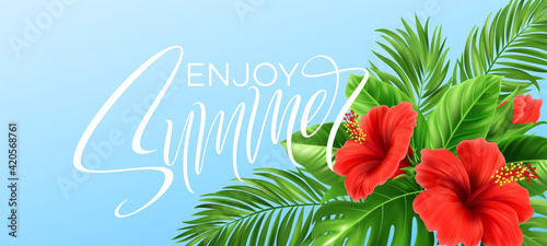 Tropical summer background. Tropical palm leaves, monstera with hibiscus flowers and Summer lettering. Vector illustration