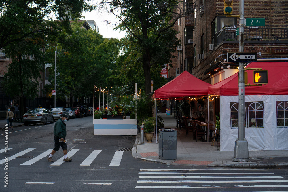 New York, USA - October 15 2020: An empty outdoor restaurant in downtown Manhattan. Covid outdoor dining New York, USA - October 15 2020: An empty outdoor restaurant in downtown Manhattan. Covid outdoor dining