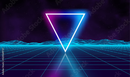 Retro futuristic background for game. Music 3d dance galaxy poster. 80s background disco. Neon triangle synthwave digital wireframe landscape with palms. Space vector.