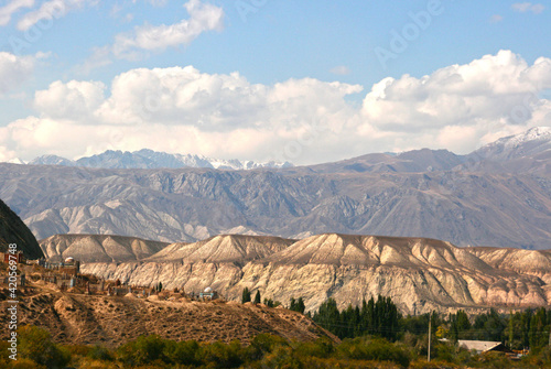 Beautiful mountains in Kyrgyzstan near Kazarman. Beautiful landscape with mountains at Kyrgyzstan on sunny day photo