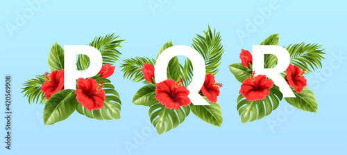 P Q R letters surrounded by summer tropical leaves and red hibiscus flowers. Tropical font for summer decoration. Vector illustration