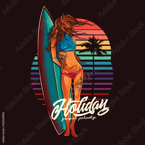 Original vector illustration in vintage style. Girl with tattoos on the background of surfing and sunset with palm trees.