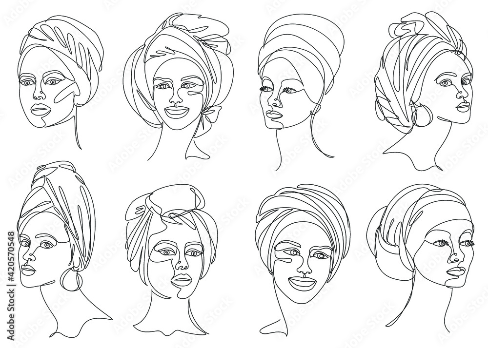 Collection. Silhouettes of the girl's head. Lady in a turban, scarf. Woman face in modern one line style. Solid line, contour for decor, posters, stickers, logo. Vector illustration set. Collection. Silhouettes of the girl's head. Lady in a turban, scarf. Woman face in modern one line style. Solid line, contour for decor, posters, stickers, logo. Vector illustration set.