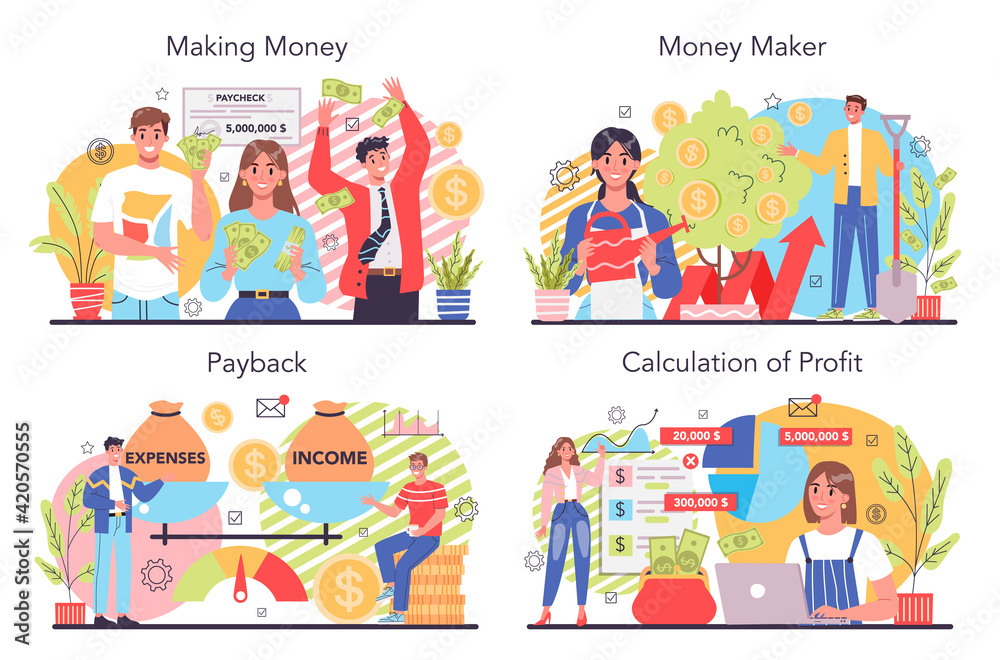 Making money concept set. Idea of business development and investment Making money concept set. Idea of business development and investment