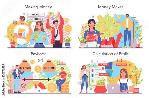 Making money concept set. Idea of business development and investment
