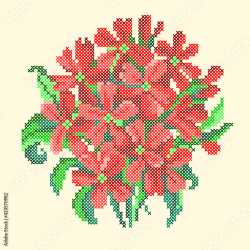 vector art embroidery red flowers