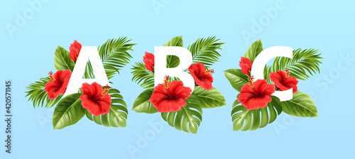 A B C letters surrounded by summer tropical leaves and red hibiscus flowers. Tropical font for summer decoration. Vector illustration